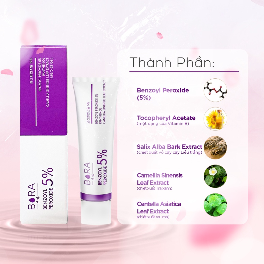 Kem Chấm Mụn BORA BENZOYL PEROXIDE 5% Tẩy Tế Bào Chết Nhanh Chóng Làm Lành Vết Sẹo Tuýp 15g