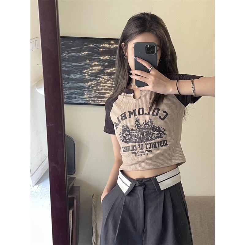 Áo Croptop Tay Ngắn Cổ Chữ V Thiết Kế Mỏng Quyến Rũ Thời Trang Theo Phong Cách Mỹ Cho