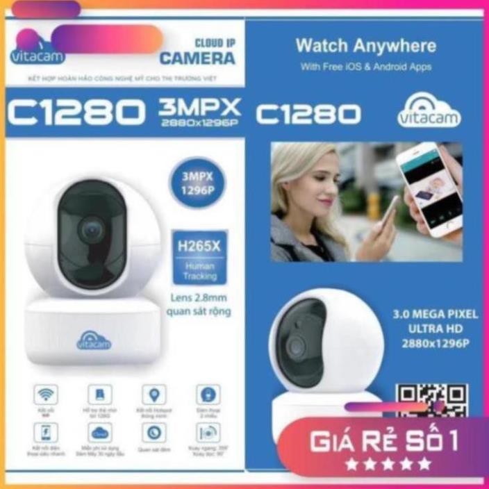 CAMERA VITACAM C1280 - 3MPX CHUẨN ULTRA HD- LENS 2.8MM GÓC RỘNG. CÔNG NGHỆ AI, XOAY 360