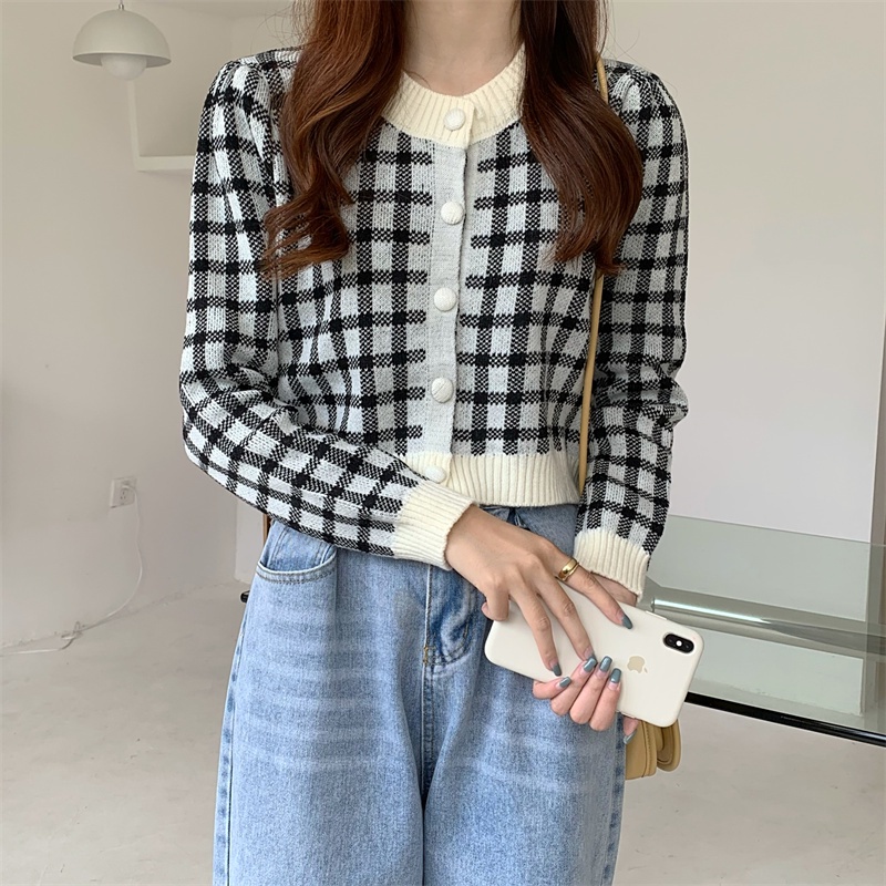SUXI Áo sweater dệt kim tay dài dáng ngắn họa tiết sọc caro thời trang vintage cho nữ