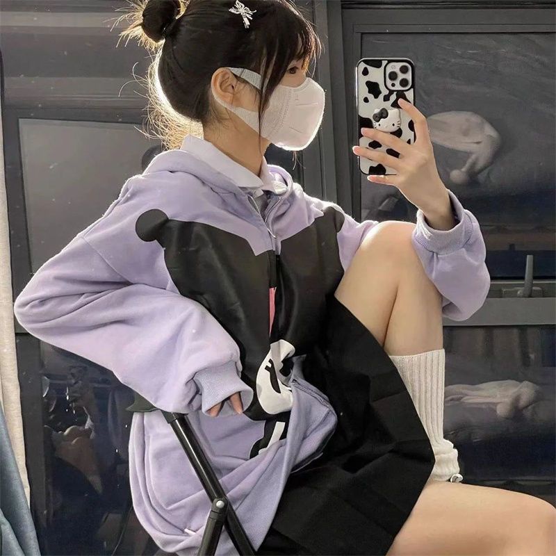 Áo Khoác Cardigan Có Nón In Hình Kuromi Thời Trang Nam Nữ