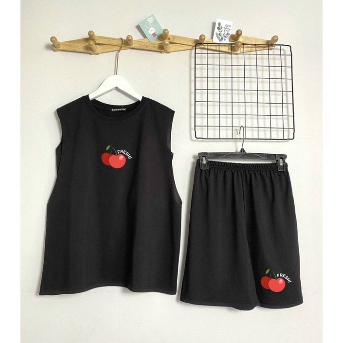 Bộ tanktop áo ba lỗ kèm bra quây quần đùi sooc chất cotton in quả cherry