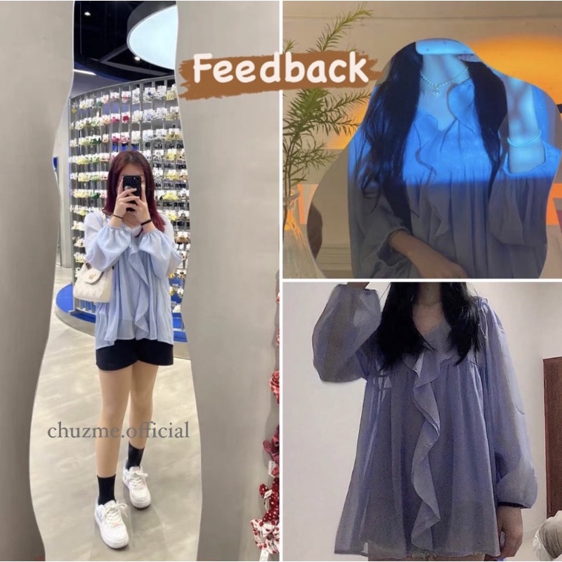 Áo babydoll bèo ngực chất voan tơ tay bồng điệu, Áo kiểu tiểu thư màu xanh dương bèo nhún form rộng | BigBuy360 - bigbuy360.vn