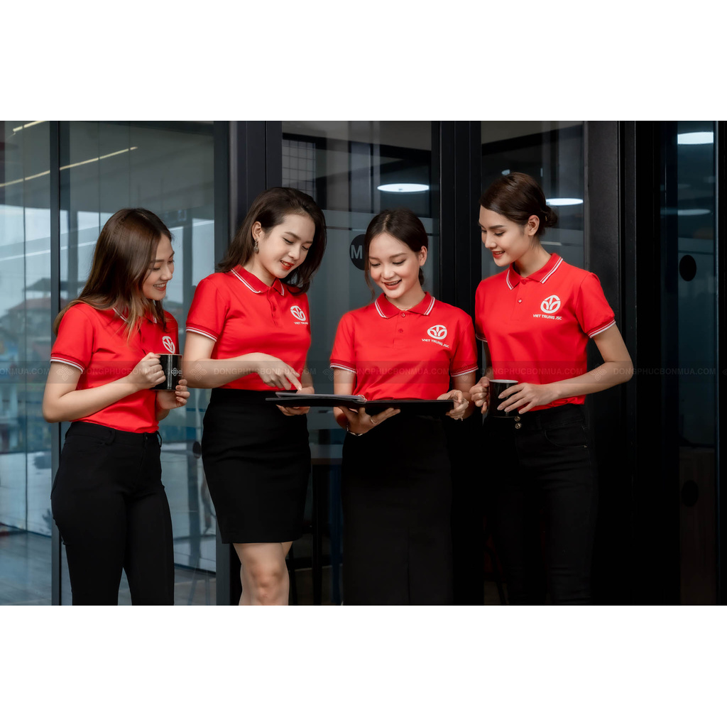 Áo Đồng Phục Doanh Nghiệp Đỏ Cổ Phối Kẻ Cotton, Lascote Co Giãn, Thấm Hút Mồ Hồi