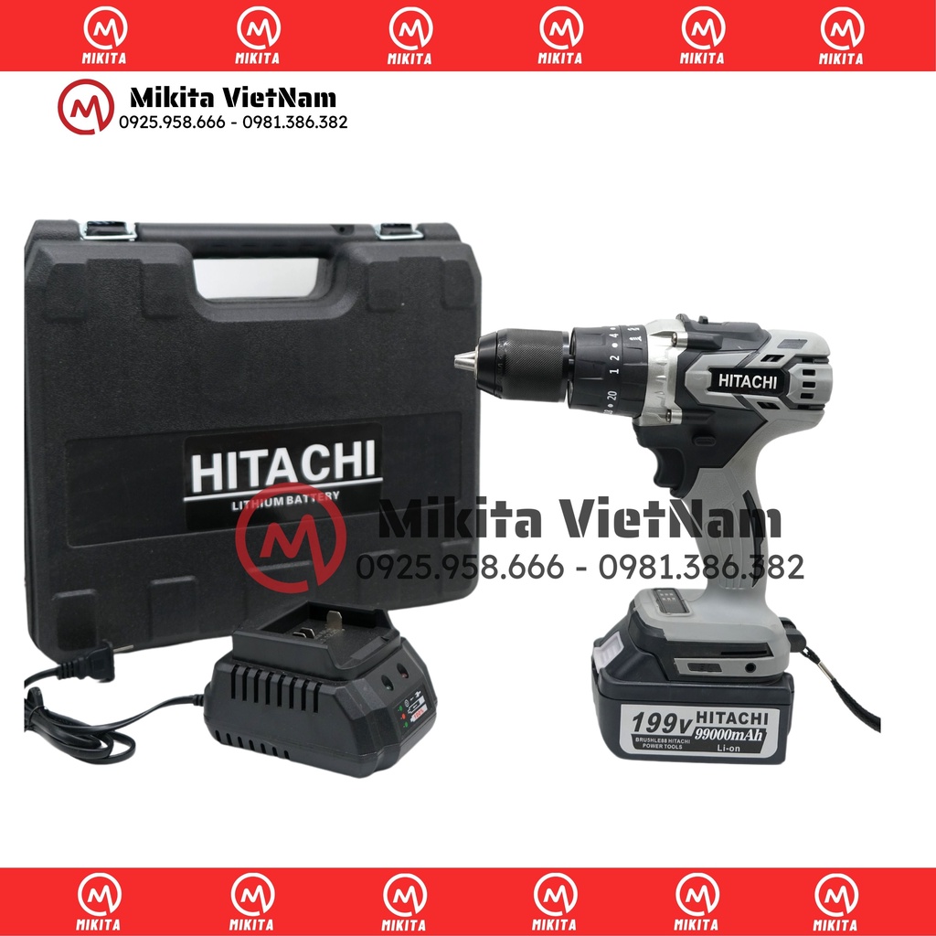 Máy Khoan Pin HITACHI 199V Động Cơ Không Chổi Than, Đầu Auto Lock 13mm