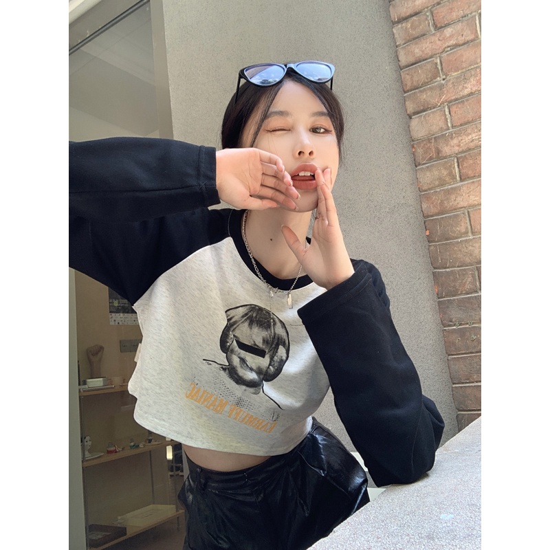 Áo thun dáng lửng tay dài phong cách retro cổ điển dành cho nữ