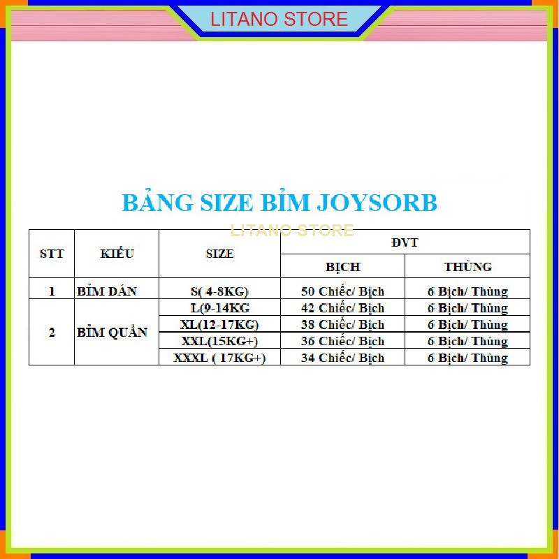 Tã Bỉm Hữu Cơ Cho Bé JOY SORB Quần/ Dán Size S, L, XL, XXL, XXXL - Số Miếng S50, L42, XL38, XXL36, XXXL34 Chiếc / Bịch