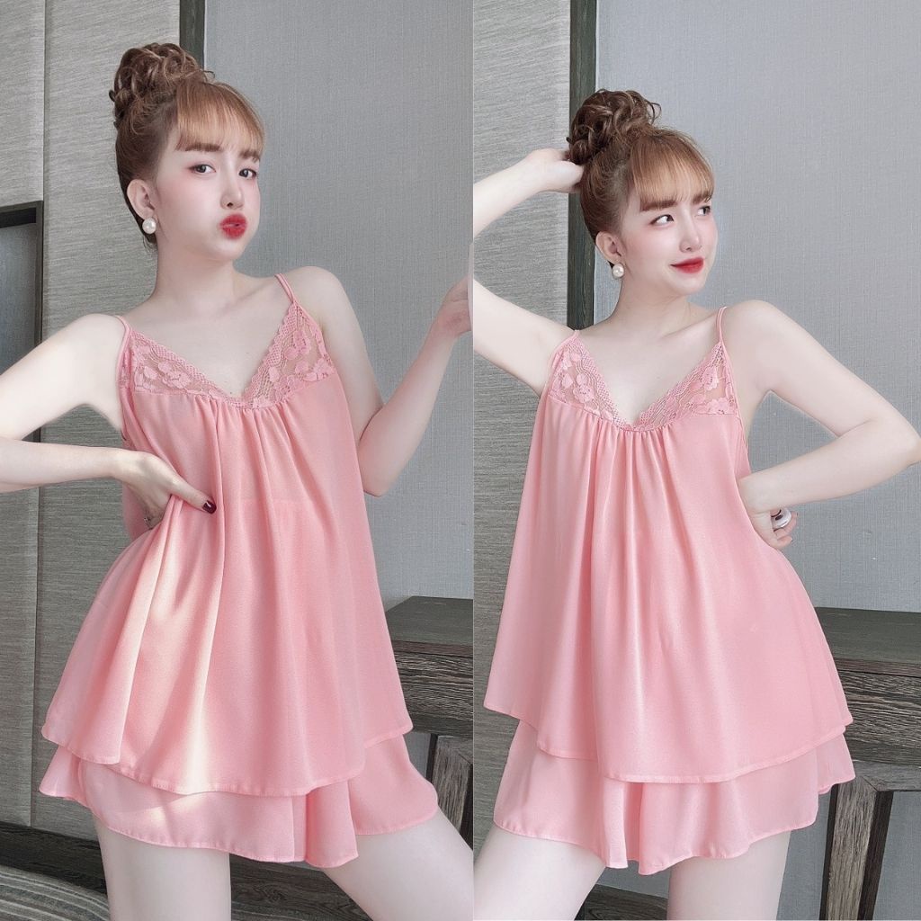 Đồ ngủ hai dây nữ Đồ bộ sexy lụa Chiffon phối Satin cao cấp mềm mại xinh xắn