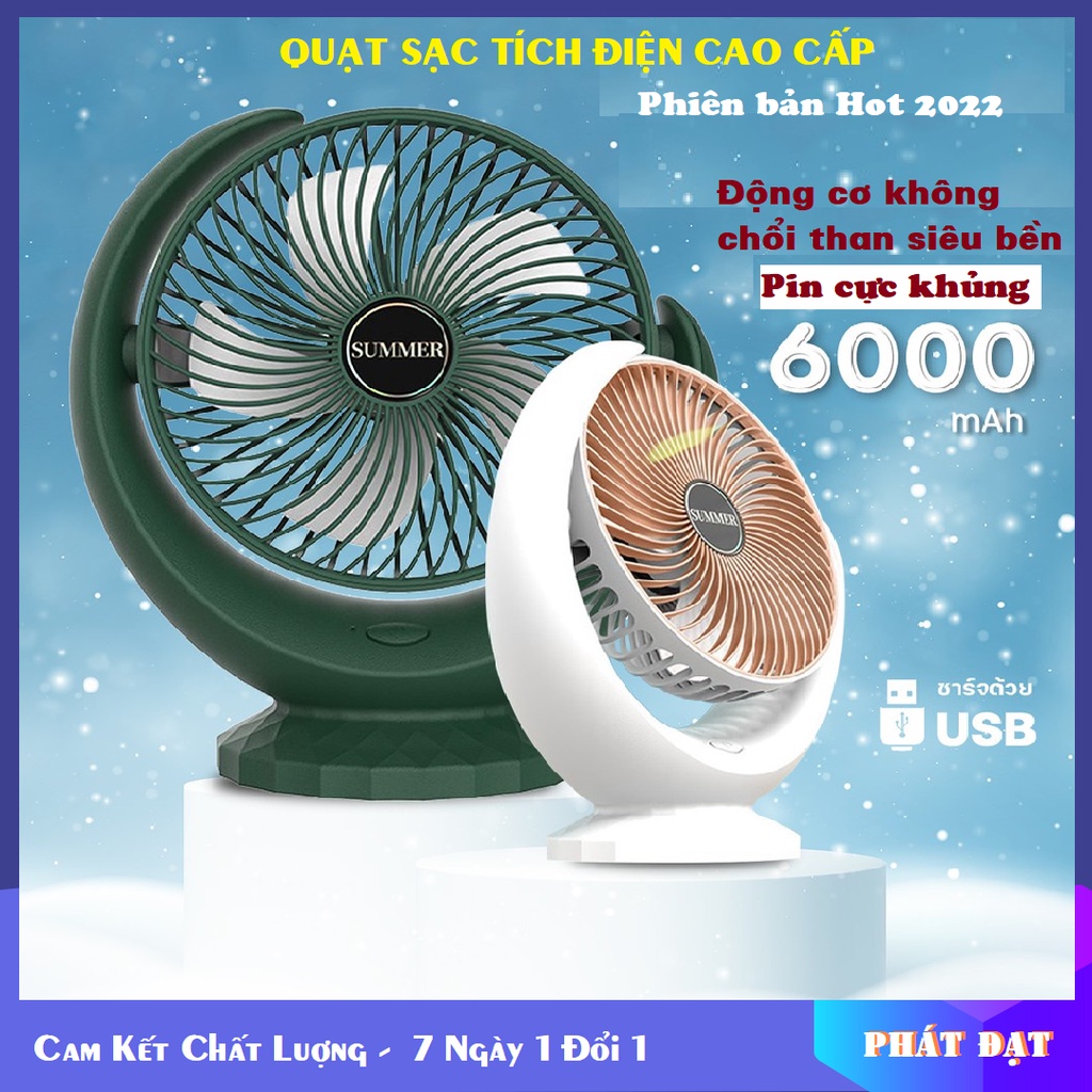 Quạt tích điện để bàn công suất lớn 3 chế độ mát Super Fan cao cấp 2022, pin khủng 6000 mAh, xoay 360 độ