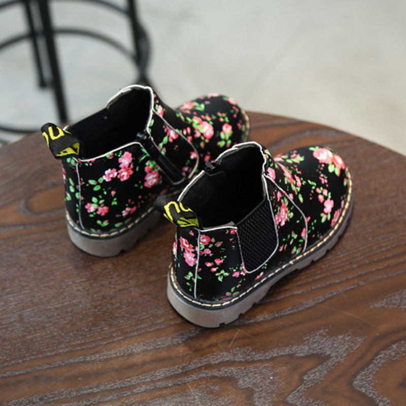 1-12Yrs Kids Martin Boots Girls Print Flower Boots Black Pu Leather Anti-slip Shoes Size 21-36