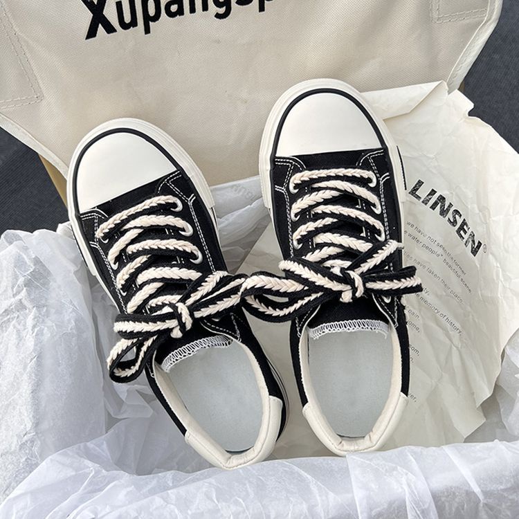 Giày Thể Thao Vải canvas Đế Dày Thời Trang Phong Cách Hong Kong Cho Nữ Màu Trắng Đen