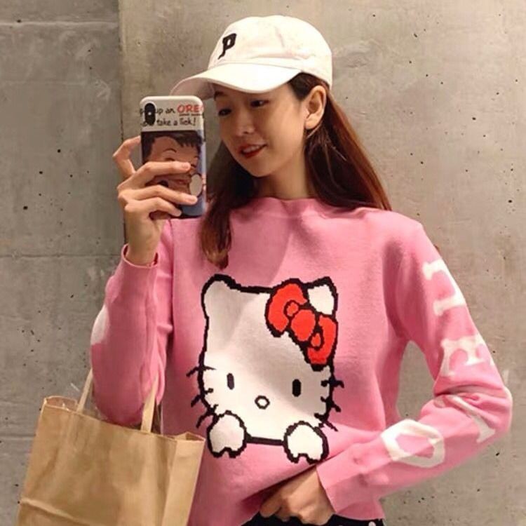 Hellokitty Áo Sweater Tay Dài Cổ Tròn In Hình Hello Kitty Đáng Yêu Cho Nữ