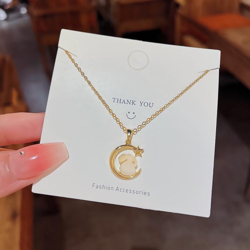 XiaoboACC Vòng cổ Thép Titan Mặt Hình Thỏ Và Mặt Trăng Phong Cách Trung Quốc - 40CM + 6CM