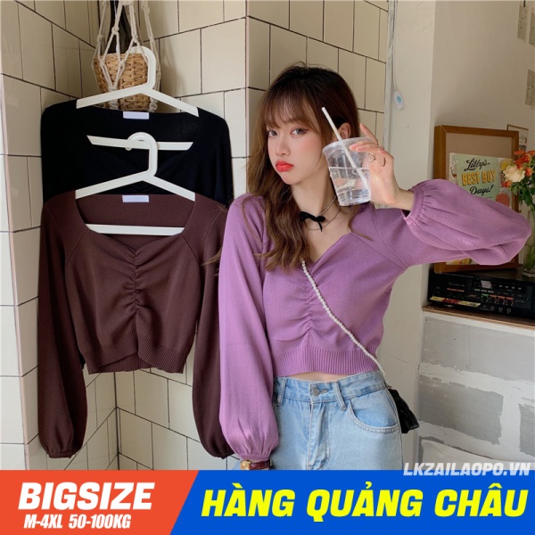 BIGSIZE Nữ (45-100kg) Áo dệt kim len tay phồng dài cổ chữ v thời trang cho nữ - Áo kiểu - Phong cách Hàn Quốc