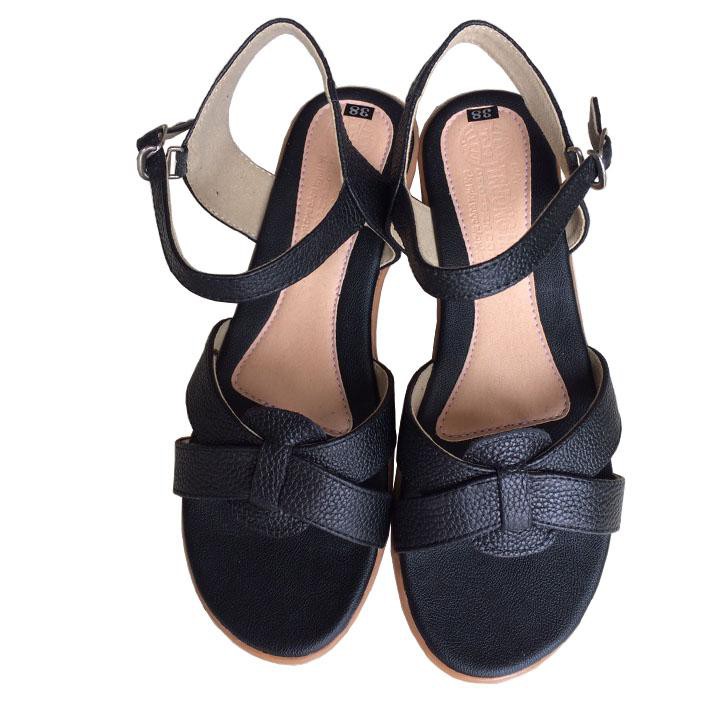 Xăng đan nữ đế cao 5cm da bò cao cấp màu đen