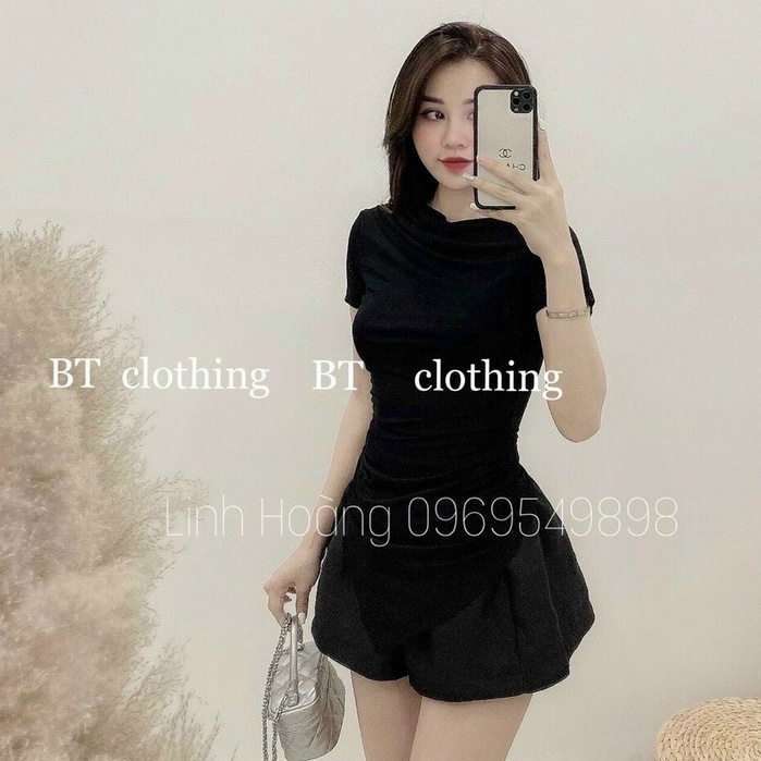 Áo thun kiểu dáng ôm rúm eo ngắn tay vạt nhọn, Áo kiểu lệch vai form ôm body AT1414 - NhiNhiShop