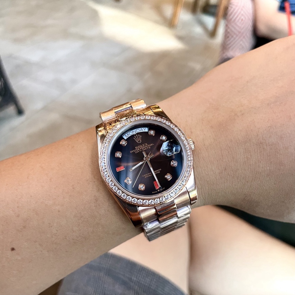 Đồng Hồ Nam RoLex Day-Date Sapphire RA033 Mặt NÂU viền đá Máy cơ Automatic Nhật
