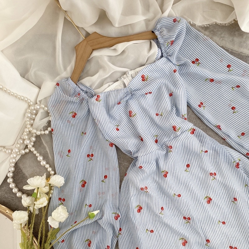 ĐẦM MIDI HOA XANH HOẠ TIẾT CHERRY CHÂN BÈO NHÍU NGỰC