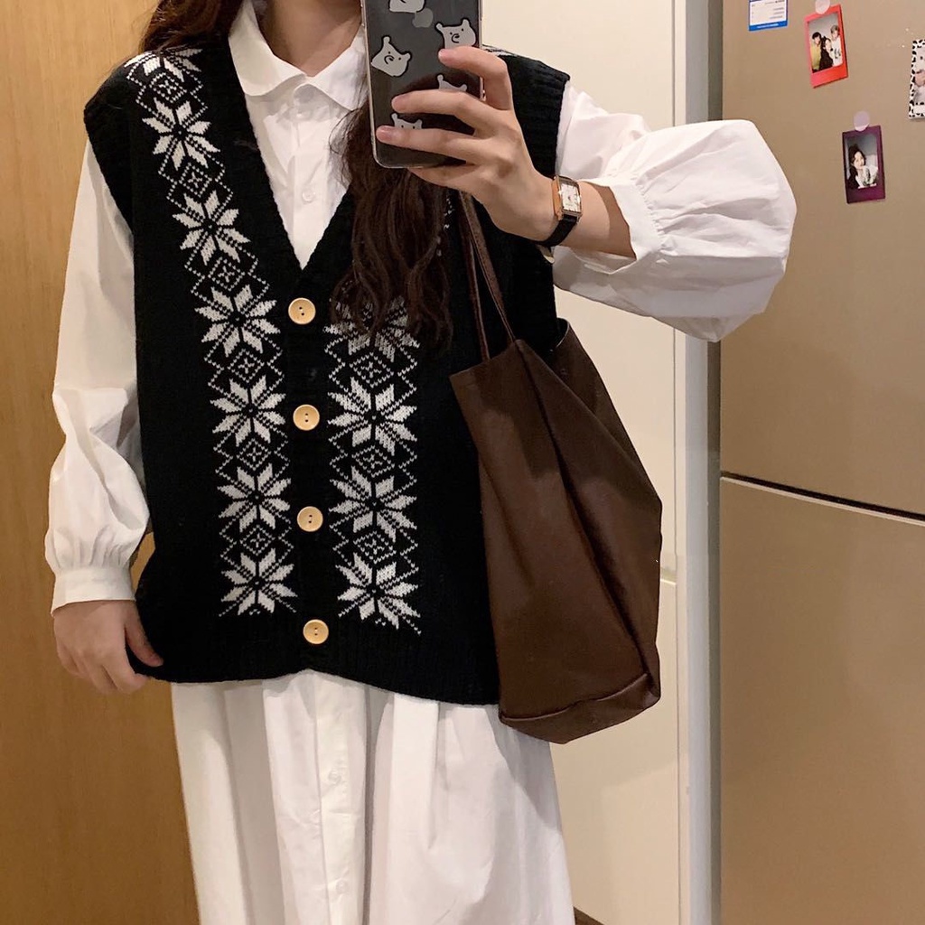 Bộ Áo Khoác Vest Dệt Kim + Đầm Tay Dài Phối Túi Kiểu Hàn Quốc Xinh Xắn Cho Nữ