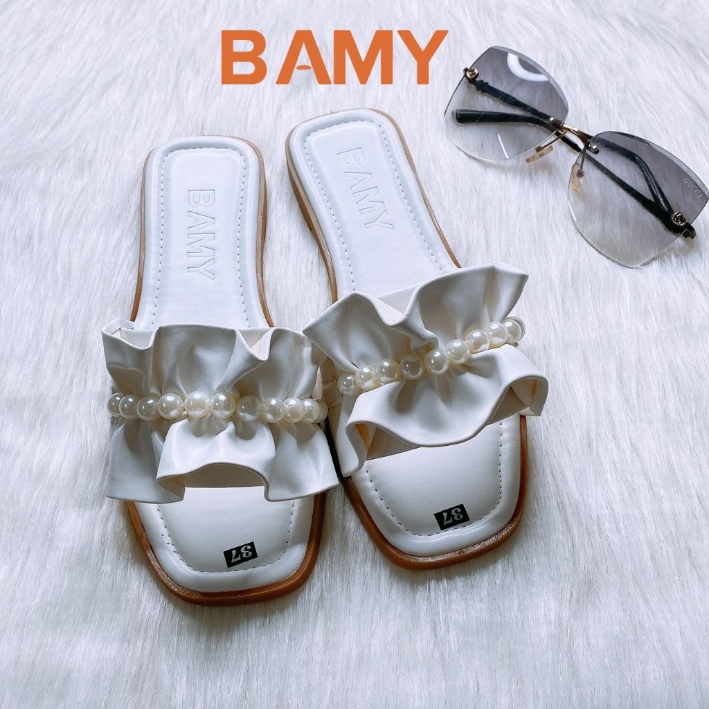 Dép lê nữ nhún nơ bèo đính ngọc châu, dép ulzzang phong cách tiểu thư đi biển, đi chơi cute - BaMy Shoes