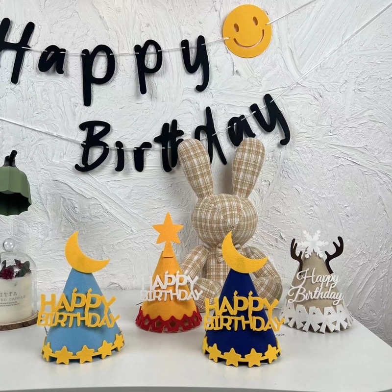 Nón dạ Happy Birthday mẫu mới-trăng,mây,sao,tuần lộc,khủng long,cá voi-đủ màu-mũ sinh nhật phong cách Hàn Quốc-xinh xắn