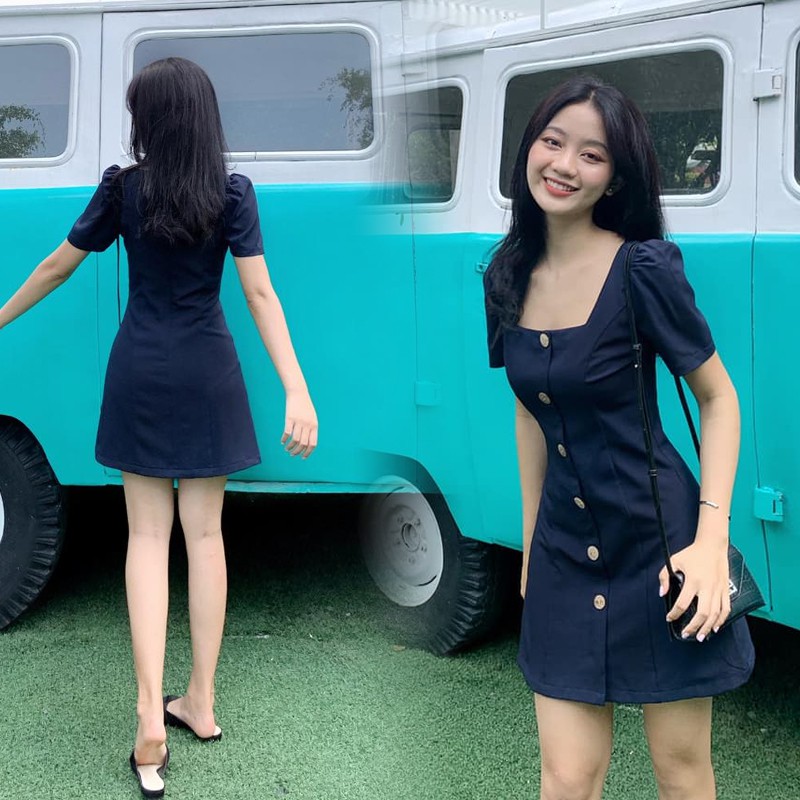 Đầm nữ dự tiệc dáng chữ A tay phồng cổ vuông 6 nút gỗ Gumi trẻ trung sang trọng - GM2067 | BigBuy360 - bigbuy360.vn