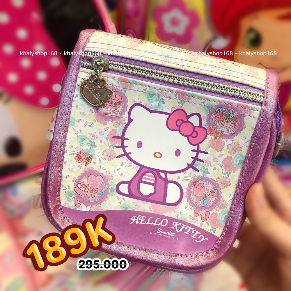 Túi đeo chéo vuông hình mèo Hello Kitty hoa hồng màu tím trắng cho bé gái (Thái Lan) - 2905KT02402 - (15x5x15cm)