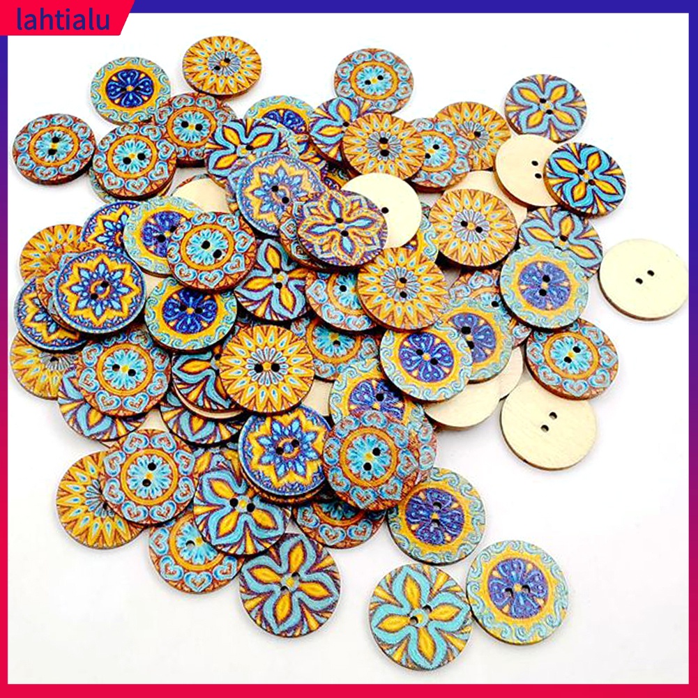 Bộ 100 Cúc Áo Gỗ In Hình Hoa Tròn Cho Túi Xách/Quần Áo DIY