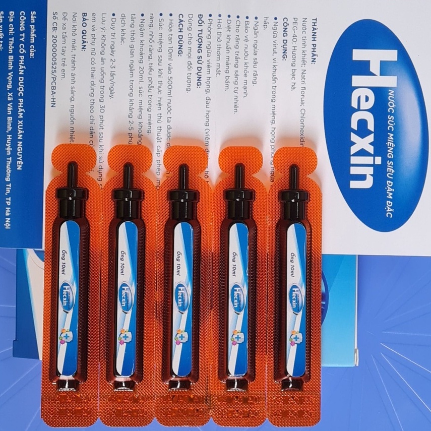 Nước súc miệng chlorhexidine siêu đậm đặc Hecxin - hộp 5 ống 10ml, 1 ống pha thành 500ml