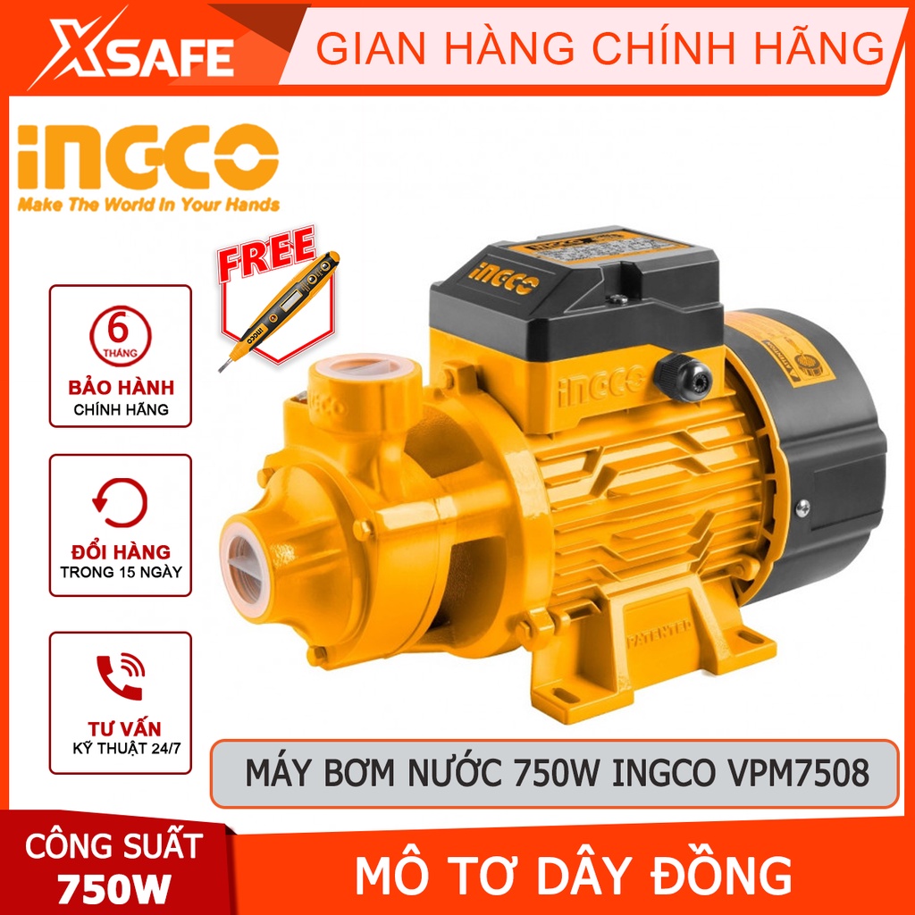 Máy bơm nước INGCO VPM7508 Máy bơm tăng áp 750W (1HP), chiều cao bơm 52m, độ hút sâu 8m, mô tơ dây đồng tăng áp lực