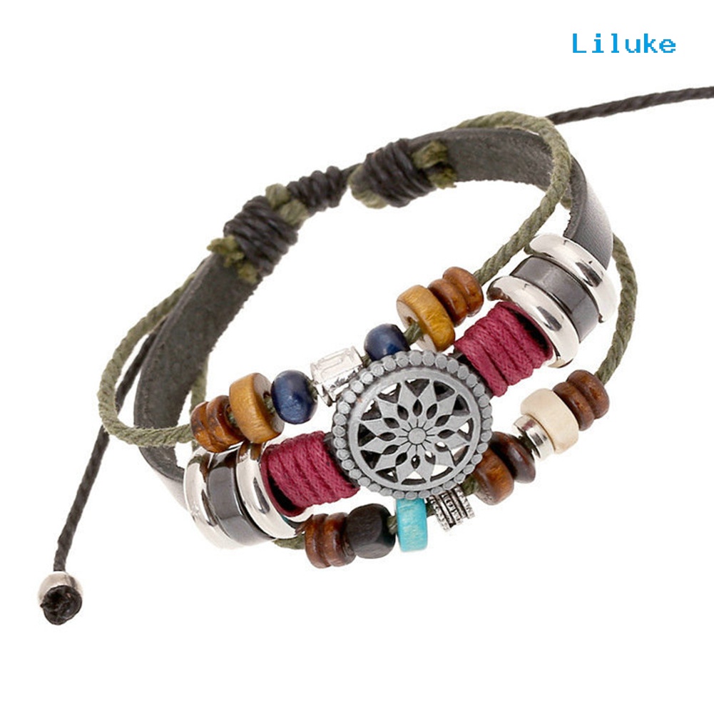 Vòng Tay Dây Bện Nhiều Lớp Trang Trí Hạt Và Hạt Chất Liệu Da Phong Cách Boho Thời Trang Cho