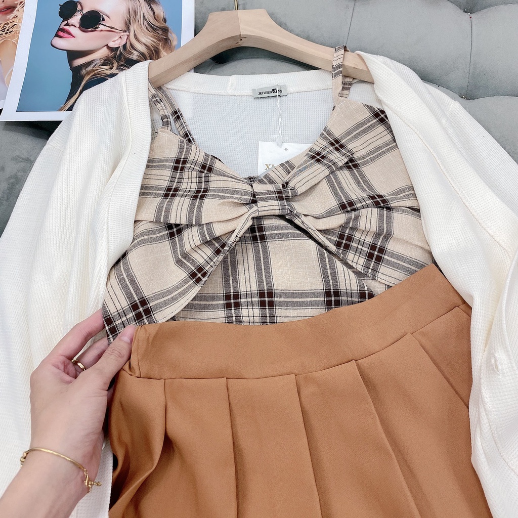 Set bộ 3 món áo khoác len phối chân váy xếp ly và áo croptop 2 dây phối nơ trước ngực ulzzang Hàn Quốc - Maoshop | BigBuy360 - bigbuy360.vn