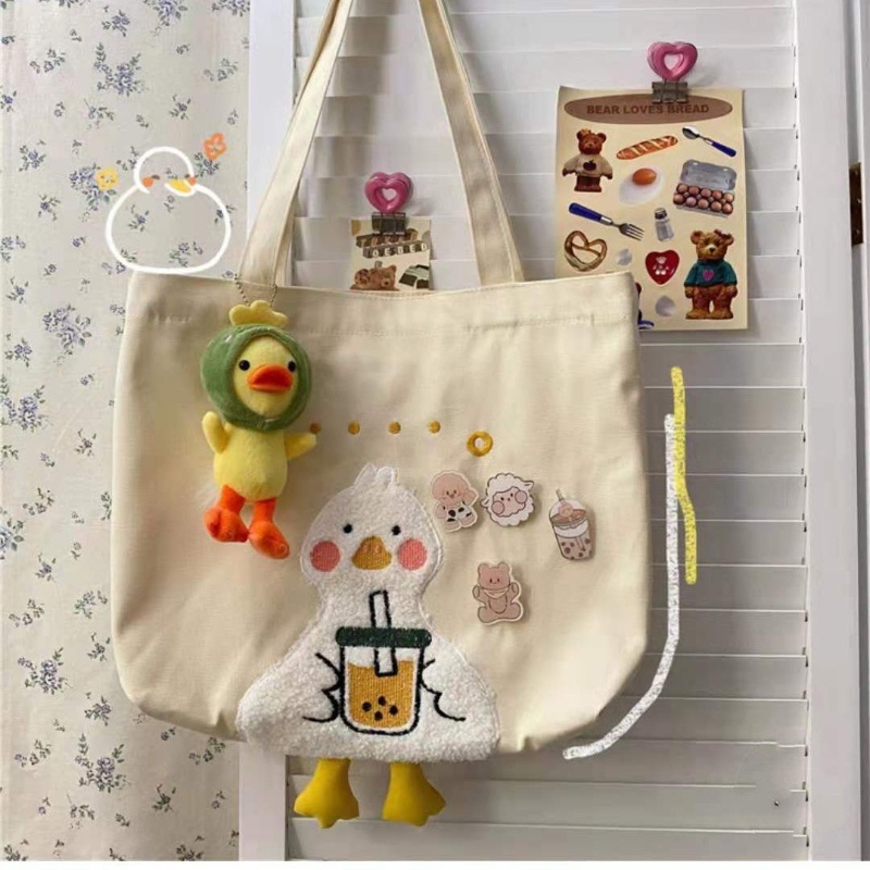 Túi Đeo Vai Vải Canvas Cỡ Lớn In Hình Vịt Hoạt Hình Phong Cách Hàn Quốc Dễ Thương Cho Học Sinh