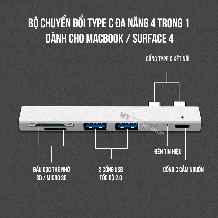 Cổng Chuyển Đổi Type C Sang USB/Đầu Đọc Thẻ Cho Macbook/Surface Phụ Kiện Macbook Chia Cổng USB 4 trong 1 Mã HD18