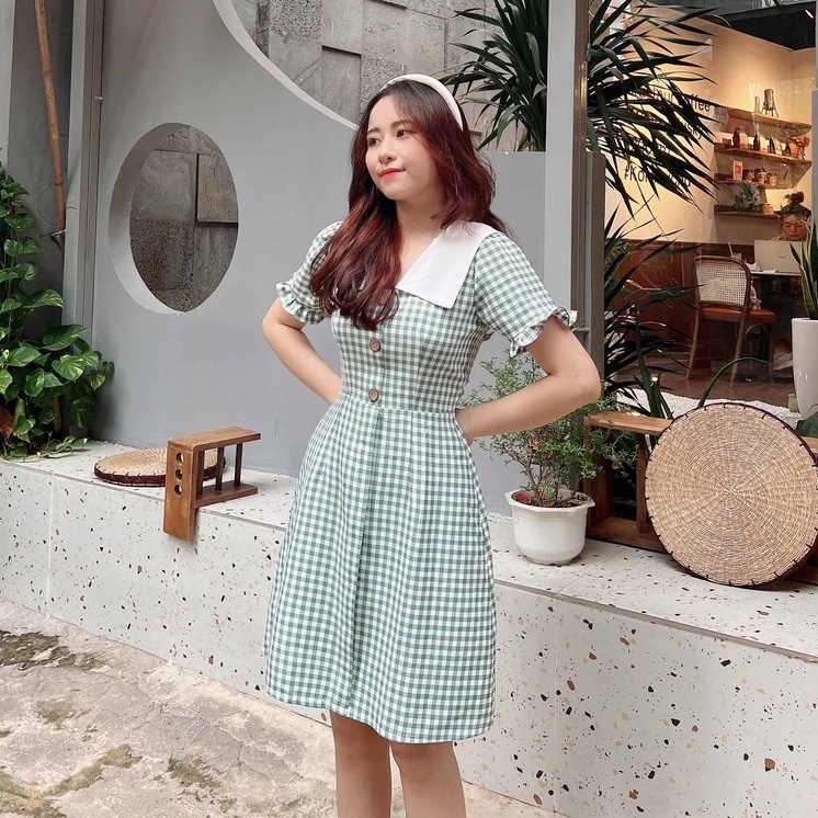 Đầm nữ caro xanh công sở xinh cổ v trắng thanh lịch thiết kế chữ a tay ngắn trẻ trung eo che bụng – Thời trang Lux W