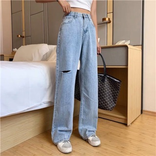 [55-85kg] Quần suông ống rộng nữ bigsize rách 1 gối, form rộng không giãn thoải mái, cạp cao