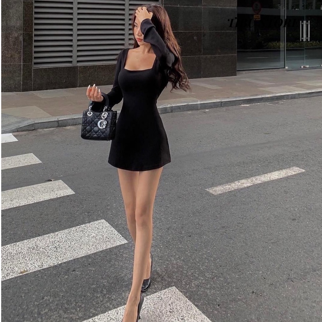 Đầm body nữ đen hở lưng tay dài TiBu, váy ôm dáng sexy cổ thuyền phối lưng dây xoắn mặc đi chơi, dự tiệc