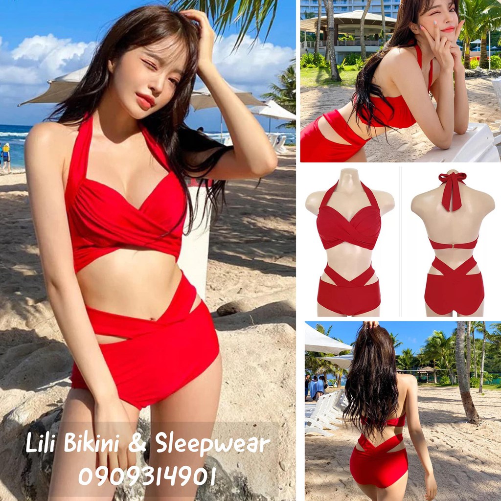 (Mẫu mới 2021) Đồ bơi hai mảnh, bikini Hàn Quốc màu đỏ sáng da, áo nâng gọng mút, quần cạp cao che bụng