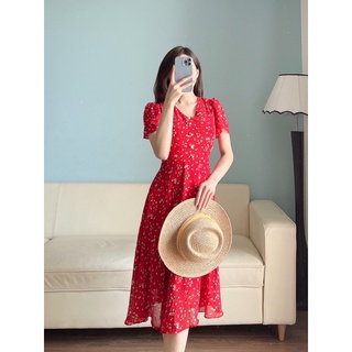 Váy thiết kế hoa đỏ cổ V