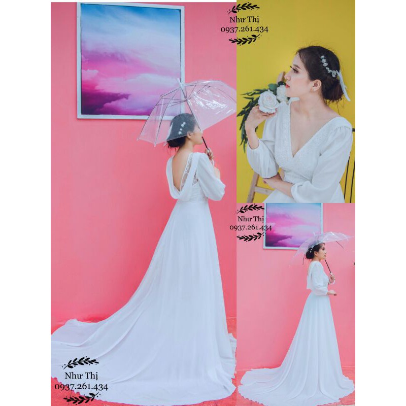 (miễn phí chỉnh váy) đầm dạ hội cưới tay dài váy đuôi dài hở lưng chụp hình cưới Hàn Quốc ngoại cảnh đi bàn sang trọng