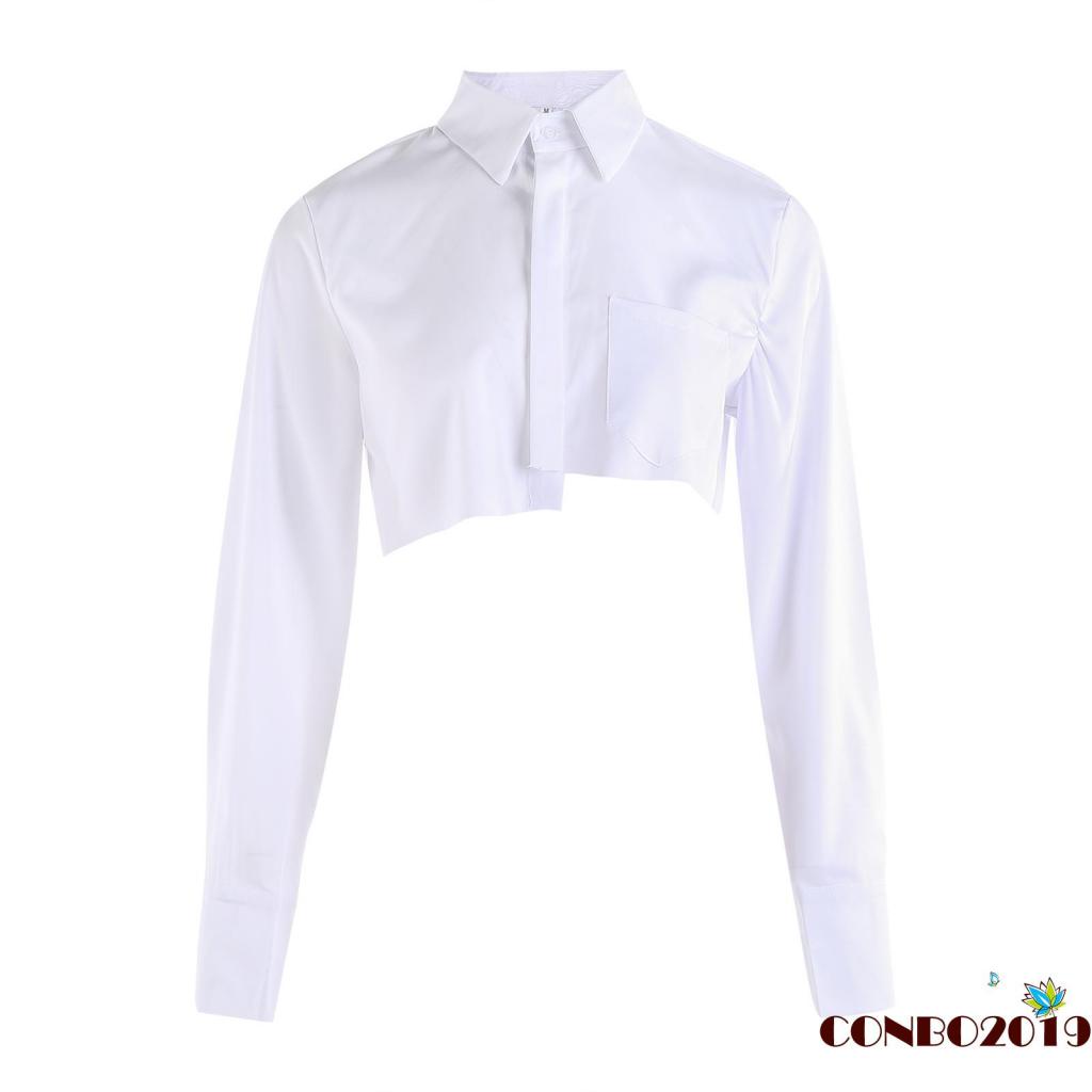 Áo Sơ Mi Crop Top Cổ Bẻ Màu Trơn Lệch Tà Thời Trang Mùa Xuân Cho Nữ