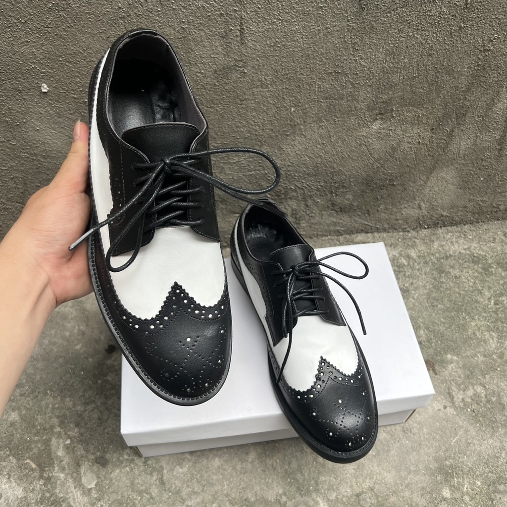 Giày Derby nam Black White, Giày da buộc dây Cao Cấp Da Bò 100%