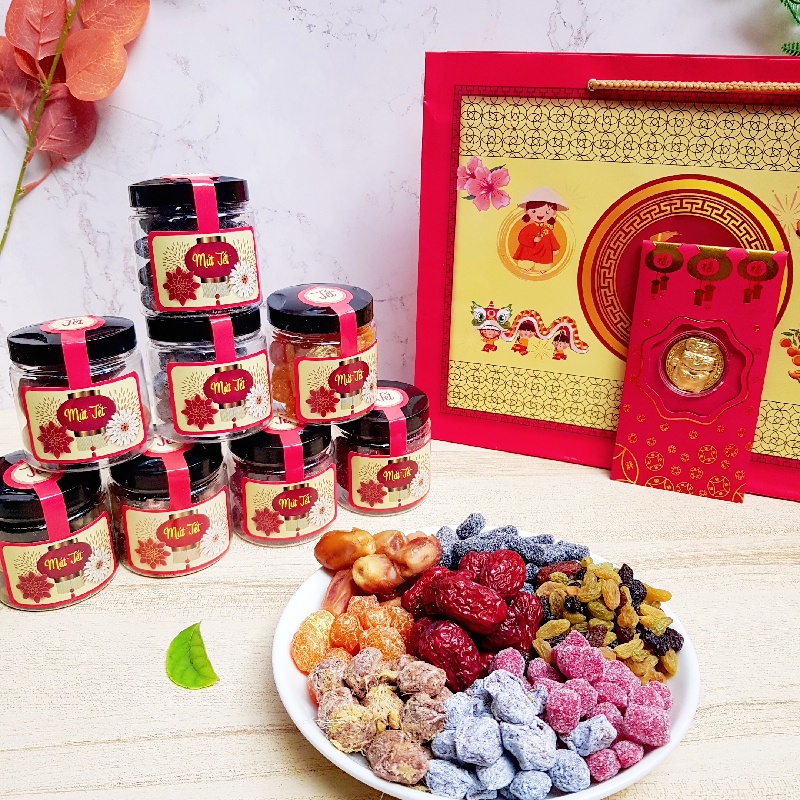 Hộp Quà Tết [ Nhân Mứt Thượng Hạng ] - Hộp Mứt Tết Mix Set 8 Hũ Sang Trọng - Quà Tặng Doanh Nghiệp , Người Thân Tết