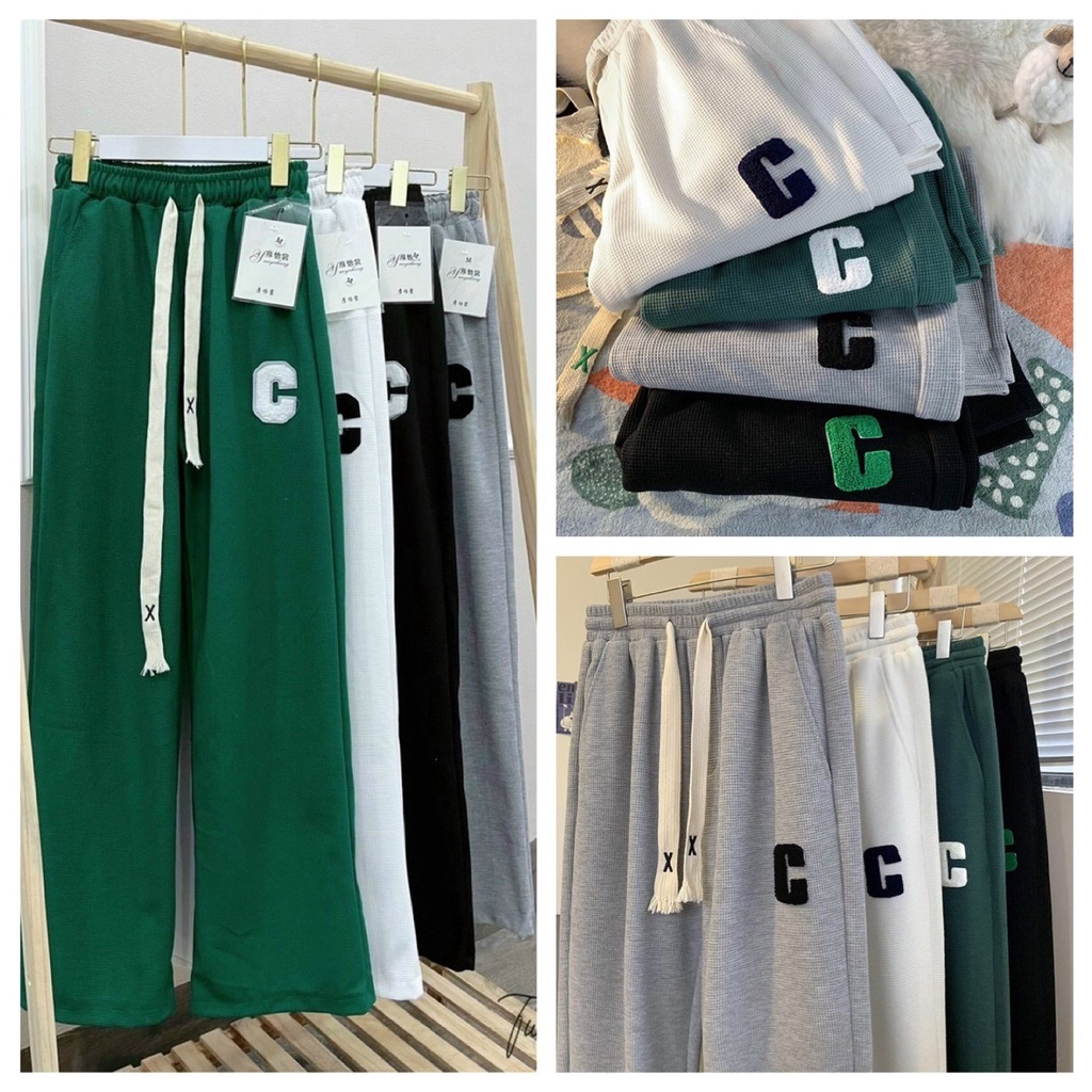 Quần Ống Rộng Chất Tổ Ong Chữ C Cạp Chun Thun Dây Rút Dài Quần Thể Thao Unisex Dày Dặn Phong Cách Jogger Ulzzang