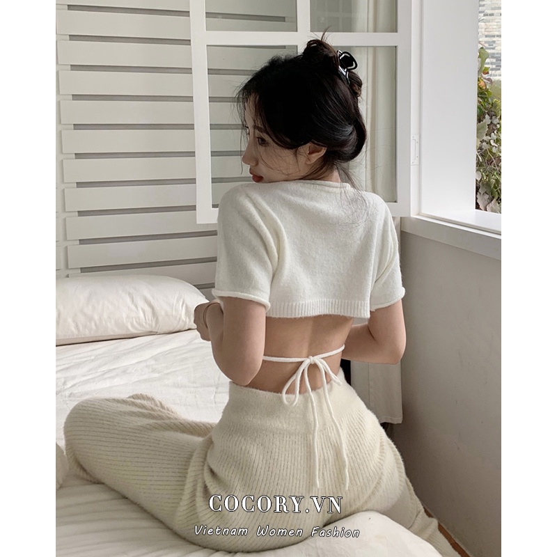 Cocory vn Áo Croptop Dệt Kim Tay Ngắn Hở Lưng Màu Trơn Thời Trang Mùa Hè Quyến Rũ Mới Cho Nữ