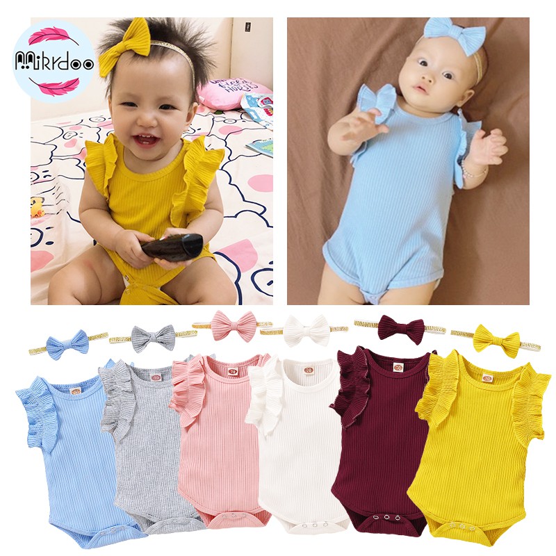 Bodysuit Bộ Áo Liền Quần Tay Ngắn Chất Cotton + Băng Đô Cài Tóc Mikrdoo Cho Bé