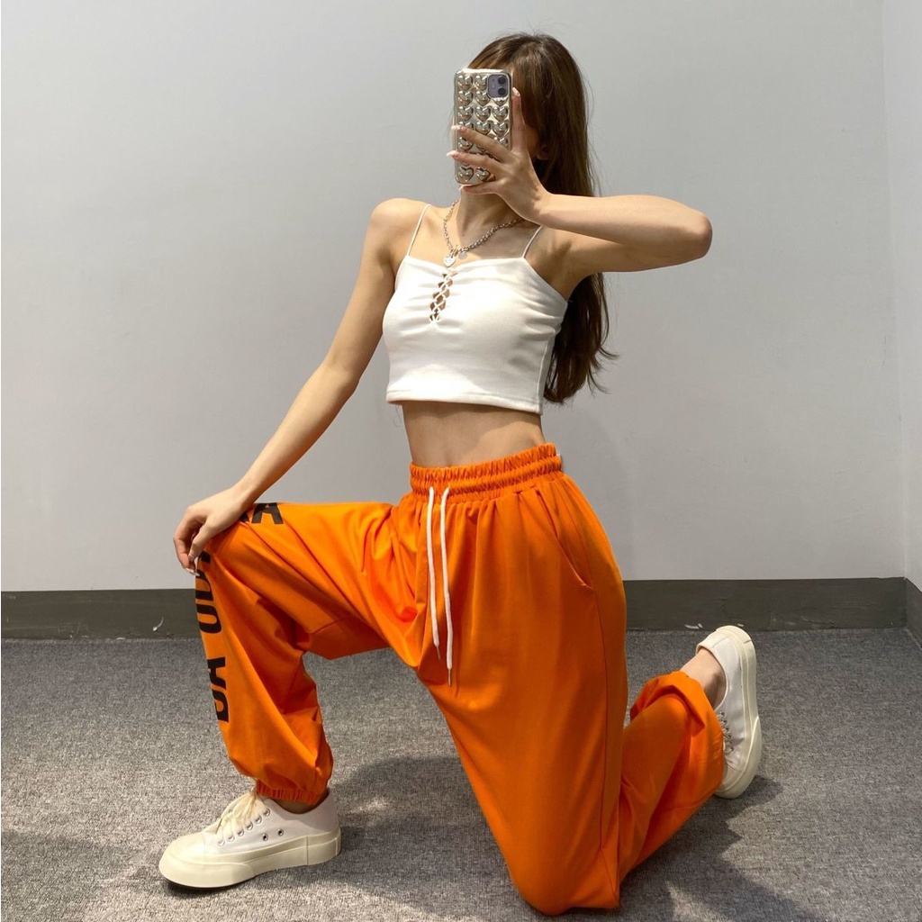 Quần Thể Thao Ống Rộng Lưng Thun Rút Dây Phong Cách Hip Hop Cho Nữ