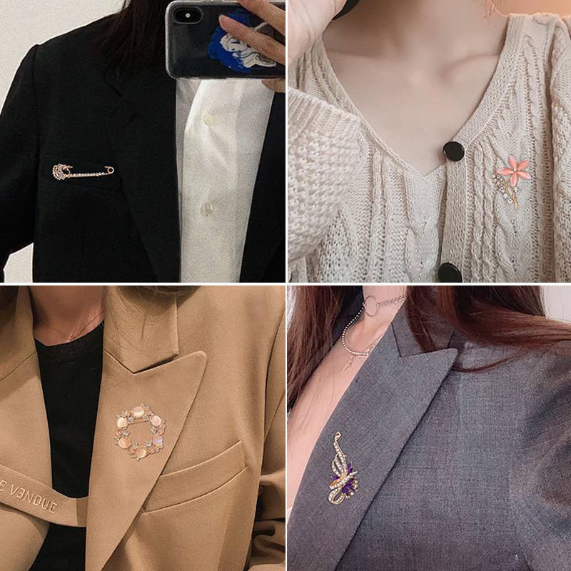 Ghim cài áo Ahellogirl hình hoa lá đính ngọc trai/hạt kim cương giả phong cách Hàn Quốc