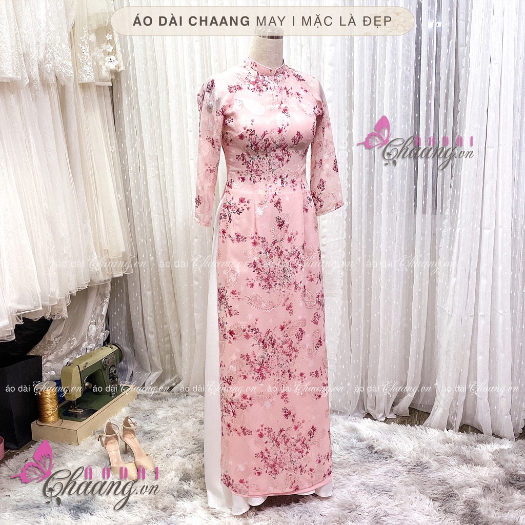 Áo dài nữ 4 tà CHAANG May sẵn hoa nhí truyền thống cổ cuông tay lỡ lụa tơ hoa đẹp 021
