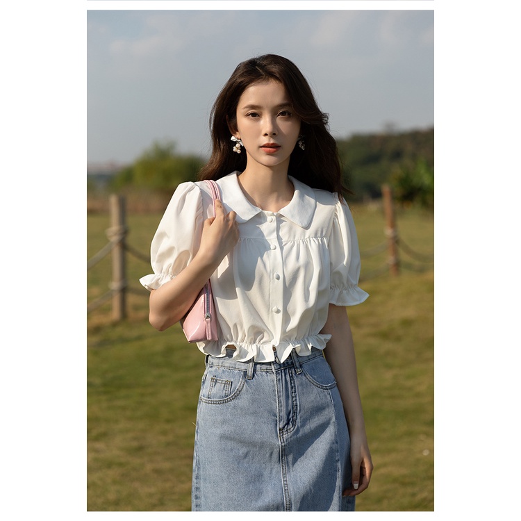 Áo sơ mi nữ cộc tay croptop cổ sen A057 viền bèo bo tay bo gấu xinh xắn nhẹ nhàng Áo kiểu nữ crt dáng ngắn tay bồng trắn